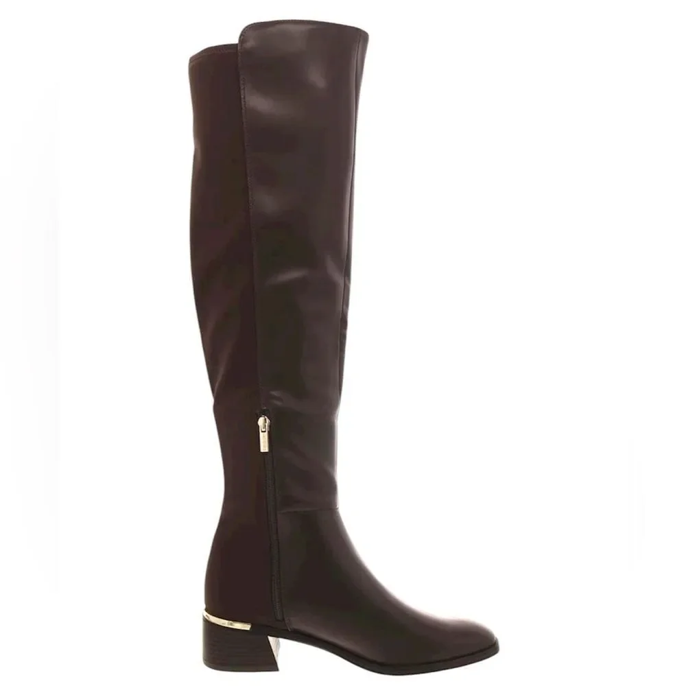 NWOB Calvin Klein Jotty Over The Knee Dress Boots Round Toe Brown Faux Leather 7